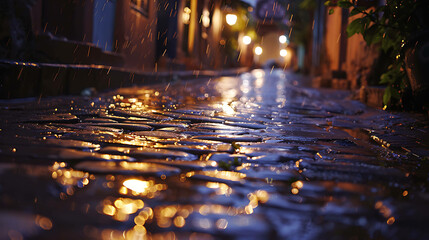 The rain is falling on the cobblestone street, creating a beautiful reflection of the lights above.