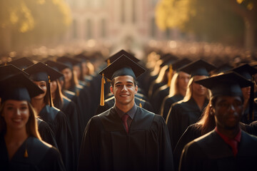 Amidst a sea of graduates, one confident young man stands smiling, radiating pride and optimism during the graduation ceremony.
