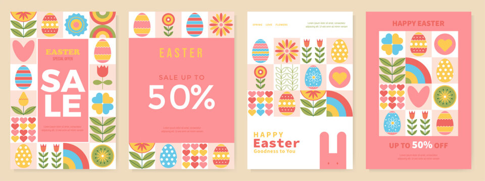 Easter sale. Big set template for vertical poster, flyers, discount coupon of Easter holiday. Modern design with typography, hand painted plants, eggs and bunny. Trendy geometric mosaic pattern
