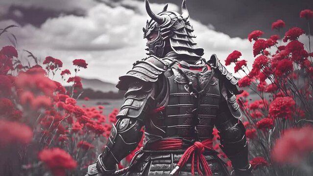 Samurai warrior in a field, wearing a dragon armor. Roses around. Monochrome. Beautiful japanese background.