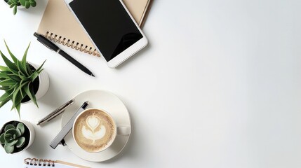 Working place with notepad, pen, smart phone, laptop and cup of coffee over white background. Top...