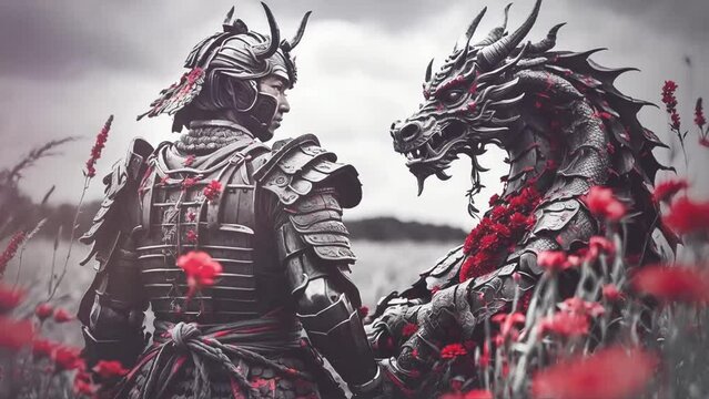 Samurai warrior in a field, wearing a dragon armor. Roses around. Monochrome. Beautiful japanese background. Metal mystical Dragon on his side.