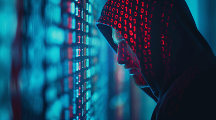 Computer hacker in digital space cybersecurity breach alert