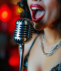 Closeup of a woman singing in a vintage microphone - 760687879