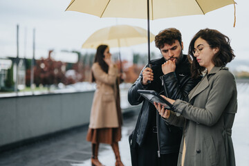 A contemplative man and woman stand under a yellow umbrella, engrossed in a digital tablet while the rain falls around them. - Powered by Adobe