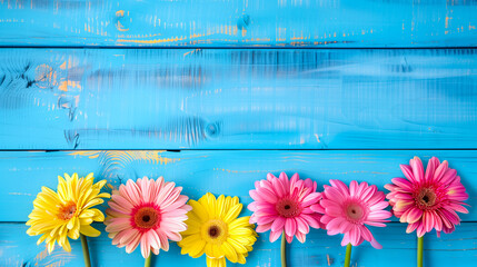 Beautiful pink and yellow gerbera daisies on blue wooden background