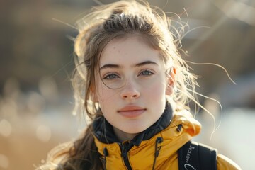 A young woman is pictured wearing a bright yellow jacket and stylish glasses, walking along a riverside path on a sunny day in spring. - 760688605