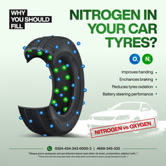 NITROGEN OXYGEN IN YOUR CAR TYRES. Poster, banner, design, digital print, flyer, booklet, brochure web design. Tyre air pump. Tire patching. Black rubber. Store. 