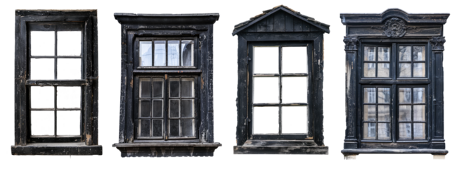 black vintage wooden house window frame  isolated on transparent background