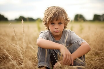 Naklejka na ściany i meble Boy sitting in a golden field looking pensive