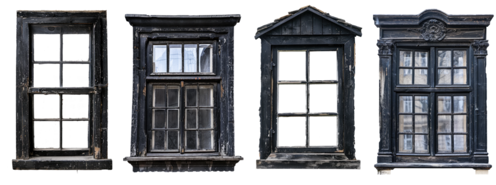 black vintage wooden house window frame  isolated on transparent background