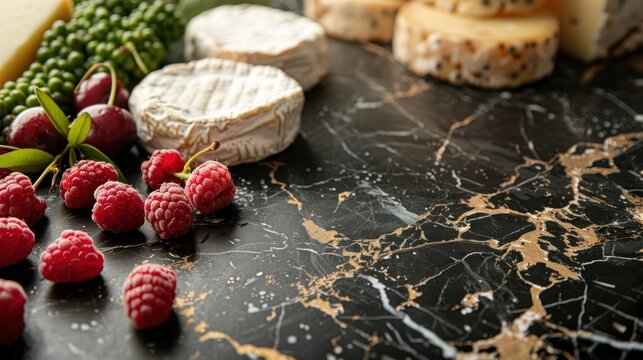 Cheese background. Beautiful assortment of cheeses and vegetables in vintage style on a marble background for design.