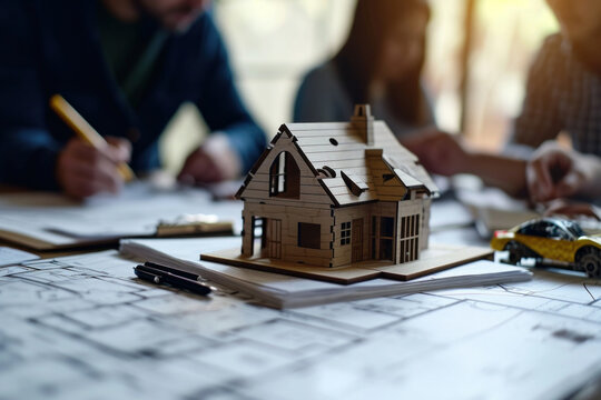 Diverse Group Of People Discussing Architecture And Design Around A Model House At A Table