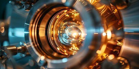 Closeup image of a CVD chamber during vapor deposition process. Concept Chemical Vapor Deposition, Semiconductor Processing, Thin Film Deposition, CVD Reactor, Deposition Chamber