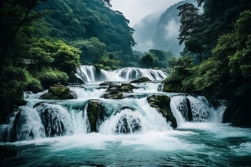 Waterfall in deep forest surrounded by jungle