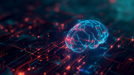 Hologram digital brain over hi-tech circuit board