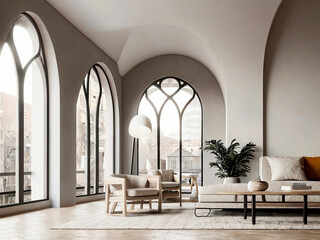 living room interior mockup, modern furniture and decorative arch with trendy dried flowers with white sofa and armchair on the White Background