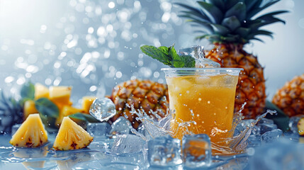 A plastic cup filled with pineapple juice and ice cubes against a background of splashing water. a horizontal concept of summer soft drinks with a place for text - obrazy, fototapety, plakaty