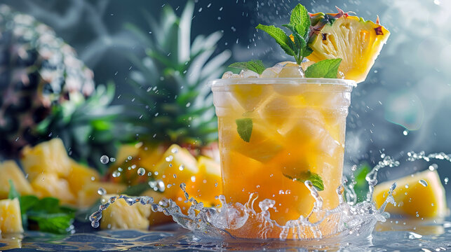 A plastic cup filled with pineapple juice and ice cubes against a background of splashing water. a horizontal concept of summer soft drinks with a place for text