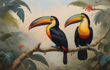 Painting of two toucans sitting on a tree branch. Generative AI