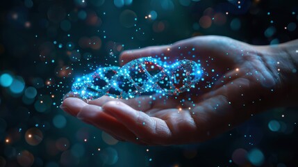 A hand cradles a sparkling DNA helix, symbolizing biotechnology and the bright future of genetic research.