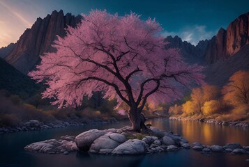 Pink maple tree with incredible colorful light mountains and a river