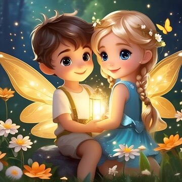 girl and boy as fairies in fairytale garden