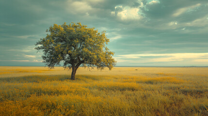 Obraz premium A solitary tree with flourishing branches stands as a testament to resilience amidst a vast field of golden grasses under a dramatic sky.
