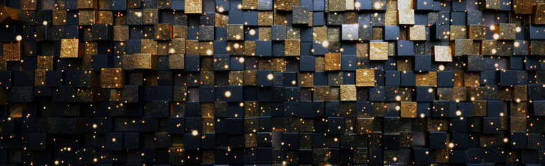 Abstract 3D background with black gold mosaic texture. Smalt. Mosaic background.Geometric surface with a modern minimalist aesthetic.