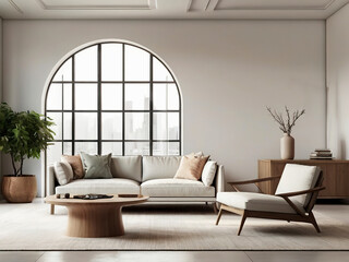 living room interior mockup, modern furniture and decorative arch with trendy dried flowers with white sofa and armchair on the White Background