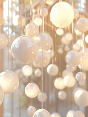 Dreamy White Orb Chandelier: A cascade of soft, white orb lights hangs from the ceiling, creating a mesmerizing display of light and texture