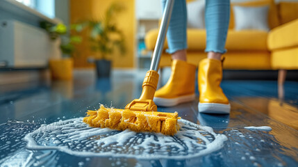 woman cleaning a house - obrazy, fototapety, plakaty