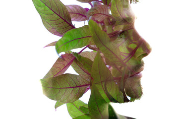An artistic double exposure portrait of a man's profile with leafy elements - 760691014