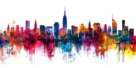 Obraz premium Town Watercolor Skyline Burst, Colorful City Art, Downtown watercolor style