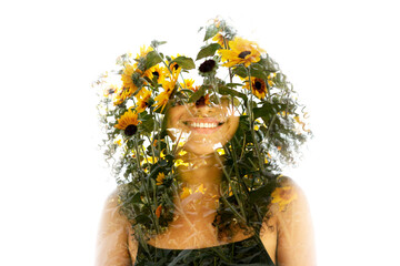 A double exposure portrait of a smiling woman merged with yellow flowers - 760691472