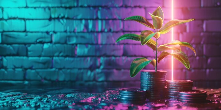 Tree with money coin, Ocean Wave Graffiti, Digital Art with Bright Blue Texture - Powered by Adobe