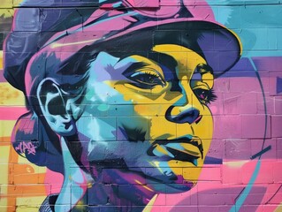 Urban Strength: A vibrant and colorful street art portrait of a woman in a cap, her gaze piercing and full of determination