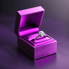 Diamond engagement ring in purple box on black background. Wedding proposal and happiness concept. 3D Rendering