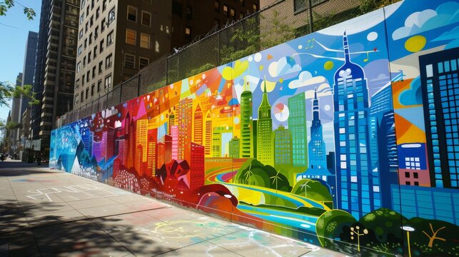 Colorful street art of future cities powered by clean energy