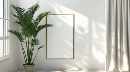 Frame mockup. Plants against a white wall. Curtain by the window. Interior design