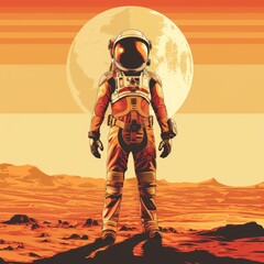 Art of mars man exploration planet, orange theme