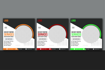 Roofing service social media post template and handyman home repair web banner design with building solution poster layout, Roofers