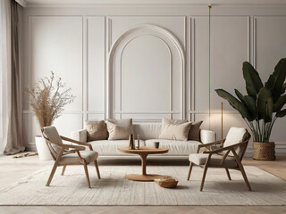 living room interior mockup, modern furniture and decorative arch with trendy dried flowers with white sofa and armchair on the White Background