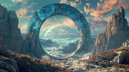 Cosmic Portal in a Fantasy Landscape. - obrazy, fototapety, plakaty