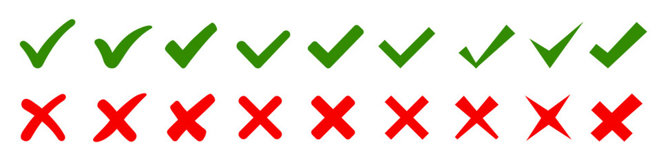 Check mark, tick and cross signs set, green checkmark OK and red X icons, symbols YES and NO button for vote, decision, election choice, web – vector - 760692875