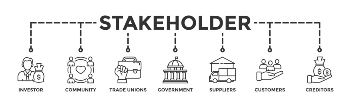 Stakeholder relationship banner web icon vector illustration concept for stakeholder, investor, government, and creditors with icon of community, trade unions, suppliers, and customers