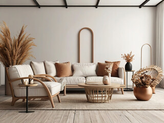 living room interior mockup, modern furniture and decorative arch with trendy dried flowers with white sofa and armchair on the White Background