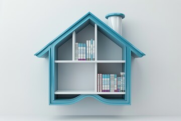 elegant white and blue wooden wall hanging bookshelf with home shape isolated on white 