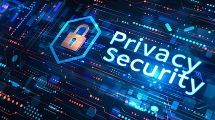 a high-tech banner design with the text Privacy security with a digital padlock, representing the strong integration of encryption in advanced privacy security measures. 
