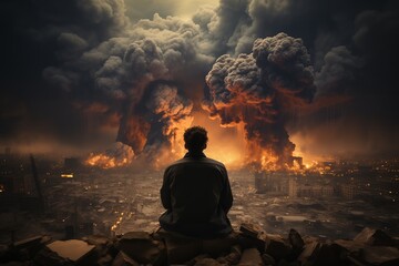 Man witnessing apocalyptic city destruction - obrazy, fototapety, plakaty